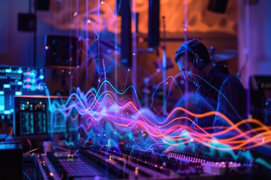 A musician in a modern recording studio with an AI assistant as a spectral waveform guiding composition. Instruments and sound equipment in background. AIG60