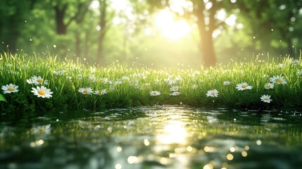 Fototapeta premium Sunlit daisies by gentle waters amidst a vibrant, lush forest scene