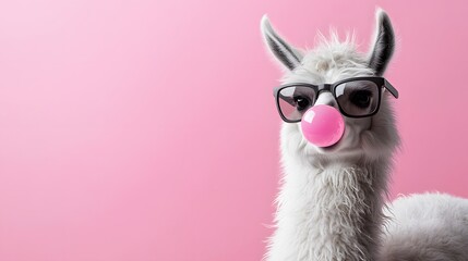 Obraz premium Playful llama with pink bubble gum and sunglasses.