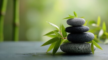 Zen stones stacked with bamboo for calm wellness