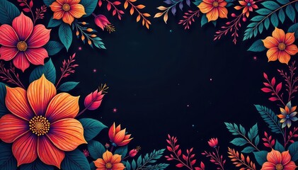 Obraz premium Intricate line art floral pattern, dark background , black, flowers, print