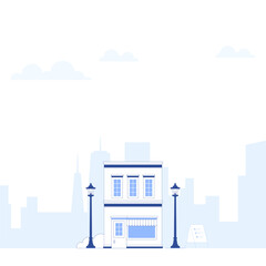 Suburb city street with apartments houses and shop buildings horizontal background. City view with house facades. Abstract architecture modern cityscape panorama. Vector illustration in flat style