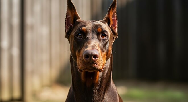 Majestic doberman pinscher portrait with intense gaze and cropped ears against a wooden fence