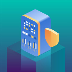 Server with a shield, symbolizing security and protection of data. Ideal for tech-related themes, cybersecurity concepts, or innovative digital solutions. Vector isometric illustration.