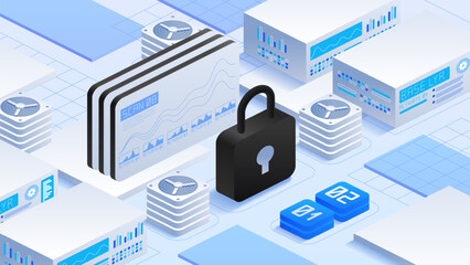 Antivirus encryption and cloud data protection. Padlock symbolizing security, surrounded by servers and cooling fans. Digital interfaces display data analytics. Isometric vector illustration