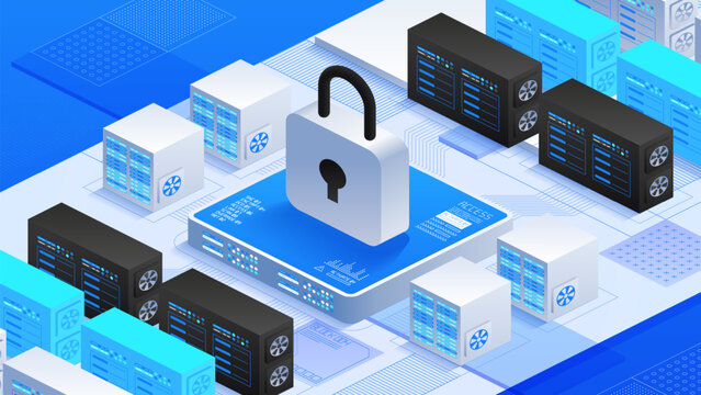 Online data security with secure servers and padlock icon. Advanced cybersecurity Protecting digital information and privacy. Perfect for IT infrastructure and digital safety concepts.