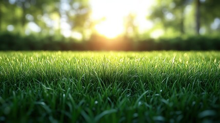 Naklejka premium Sunlit grass field extends to trees in background, green and bright focus