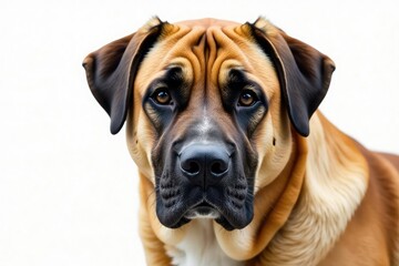Obraz premium Noble Mastiff head shot, intense gaze, pure white backdrop, isolated, animal photography