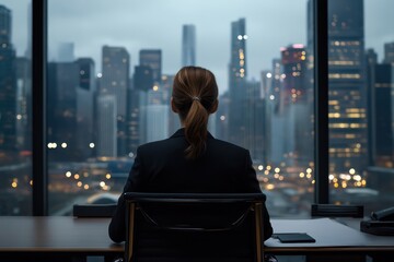 Plakat Businesswoman sits at boardroom table overlooking city skyline