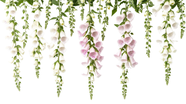 Vertical rows of foxglove flowers, colorful foxglove flowers, arranged vertically and hanging, the beauty of vertical foxglove flowers, foxglove flowers of different colors, on a transparent backgroun