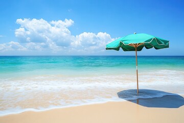 Fototapeta premium Beach umbrella on sandy shore with turquoise sea