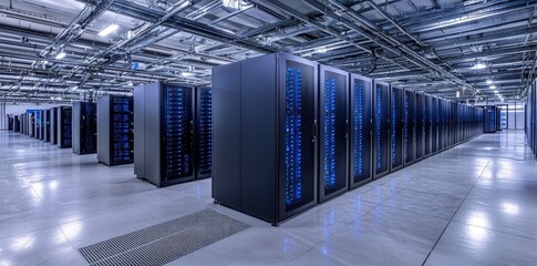 Wide angle shot of an extensive data center with aligned server cabinets, perfect for cloud technology, infrastructure services, and enterprise IT content
