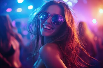 Beautiful woman in sunglasses laughs at summer party