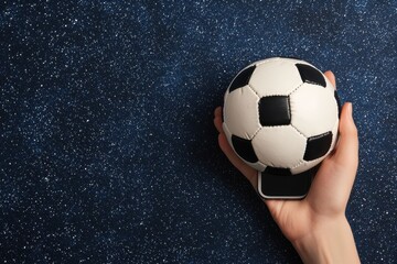 Fototapeta premium Hand Holding Classic Soccer Ball on Dark Starry Background
