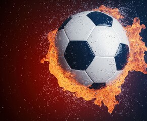 Naklejka premium Fiery Soccer Ball in Motion with Water Splash and Flame Background