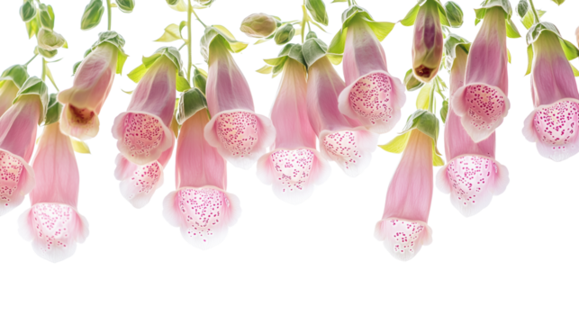 Vertical rows of foxglove flowers, colorful foxglove flowers, arranged vertically and hanging, the beauty of vertical foxglove flowers, foxglove flowers of different colors, on a transparent backgroun