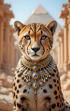 handsome gepard wearing precious necklace posing against ancient Egyptian temple. close up. Digital conceptual artwork. Ai generated