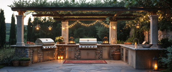 Luxurious outdoor kitchen with stone structure and evening ambiance ready for entertaining