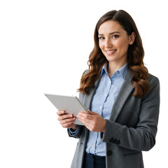 Happy businesswoman with tablet, business concept, isolated on transparent background