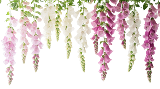 Vertical rows of foxglove flowers, colorful foxglove flowers, arranged vertically and hanging, the beauty of vertical foxglove flowers, foxglove flowers of different colors, on a transparent backgroun