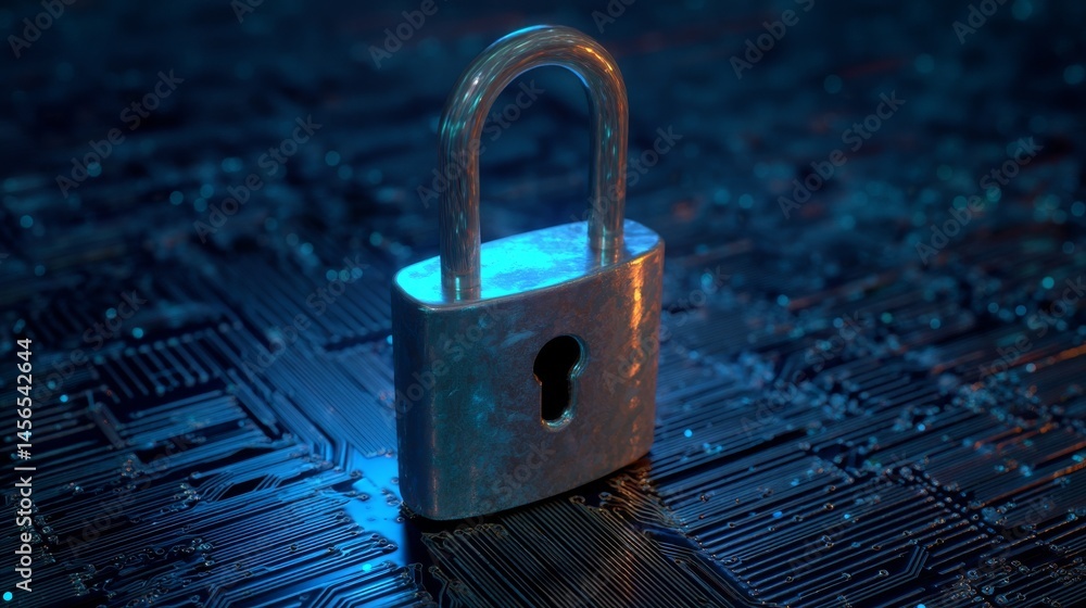 Poster digital padlock representing cyber security technology on a computing system with a dark blue backgr