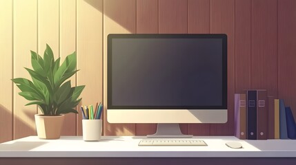 A digital illustration of a sunlit workspace with a computer.
