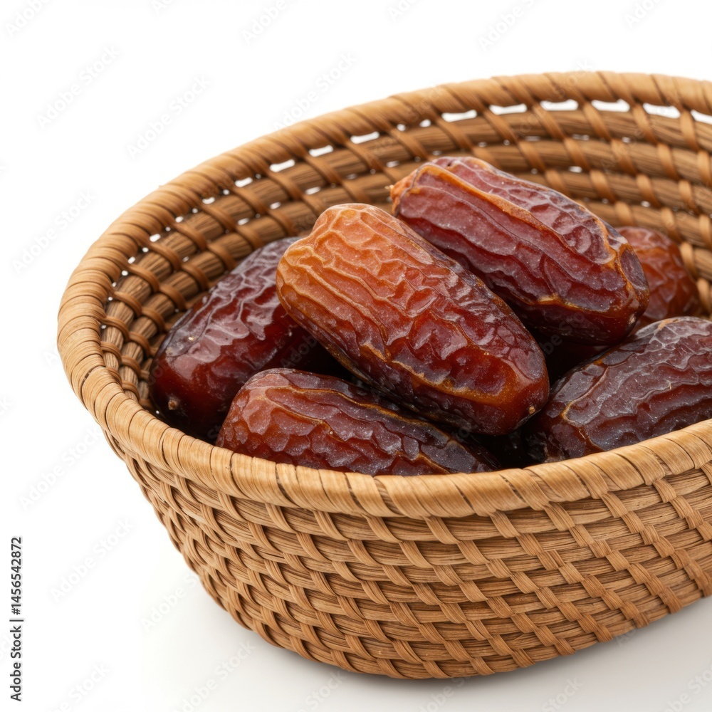 Poster a close up of dates in a woven basket on a white background showing the texture and color of the fru