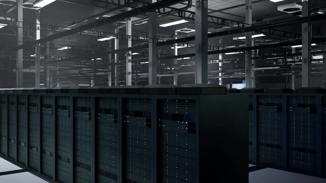 Infrastructure in high tech server hub managing computing resources essential for big data analytics. Server racks in dark data center storing information for predictive maintenance, jib up shot