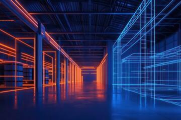 Futuristic glowing wireframe warehouse in dark background