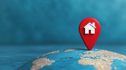 Red Location Pin with House Icon on a Globe Background