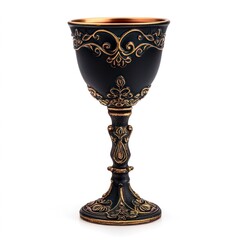 Elegant ornate metal goblet with intricate gold detailing isolated on white background.