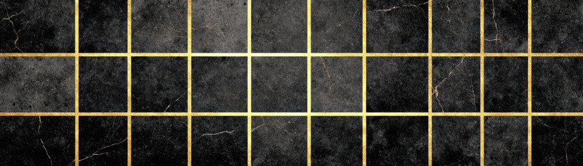 Fototapeta premium Geometric grid of golden outlines set into black marble, creating striking visual contrast. This design evokes elegance