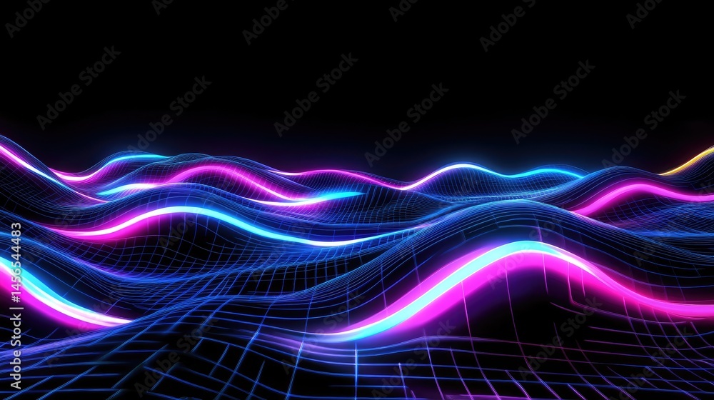 Poster sleek tech background with layered pink-blue glowing lines and dark grid shapes