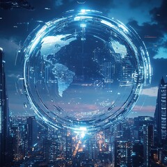 Futuristic digital cityscape with advanced AI and robotics technology, showcasing a vibrant metaverse and cyberpunk style urban environment filled with glowing neon lights and holographic displays. 