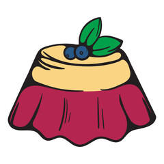 Pudding. Jelly with blueberries and mint leaves. Sweets. Simple vector illustration for sticker, icon, print. Design element isolated on white background