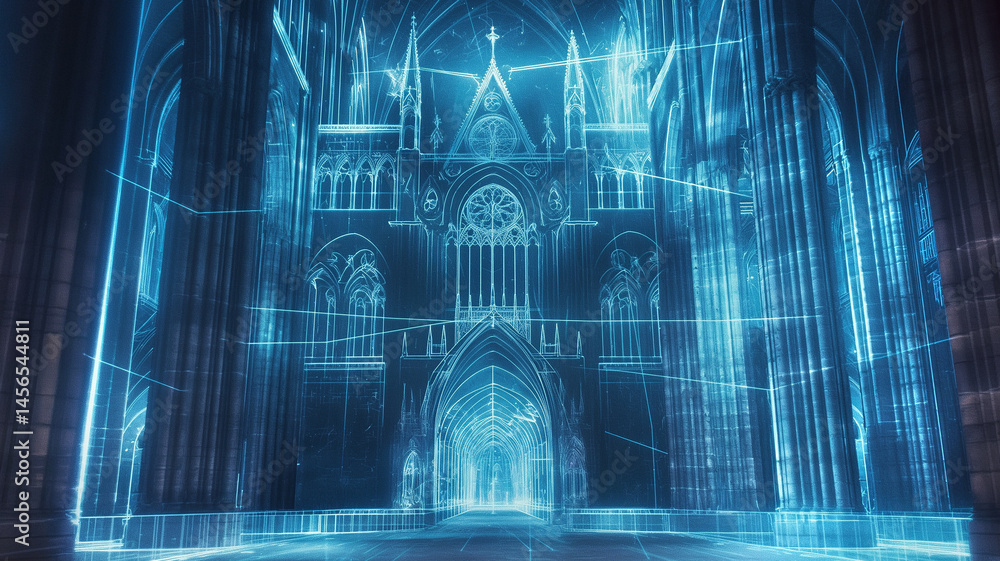 Poster this light shines from a beautiful cathedral with intricate wireframe designs in a sacred setting.