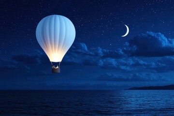 Hot Air Balloon Floating Above Serene Ocean Under Starry Night Sky