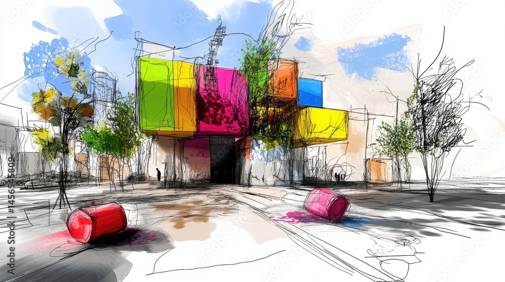 Poster Sketch of modern structure with vibrant foliage and artistic urban background