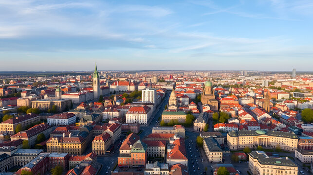 Panorama of the city of Lviv in Western Ukraine from a bird's eye view. Modern architecture of a medieval city. North-western districts of the millionth city. Residential buildings, businesses