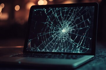 Cracked black screen of broken laptop with shattered glass