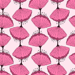 Obraz premium Pink flowers pattern, hand drawn contour flowers on light pink background. Ornament.