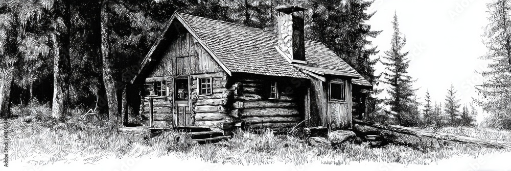 Poster rustic cabin nestled in the woods showcasing intricate cross-hatching technique on a tranquil day ge