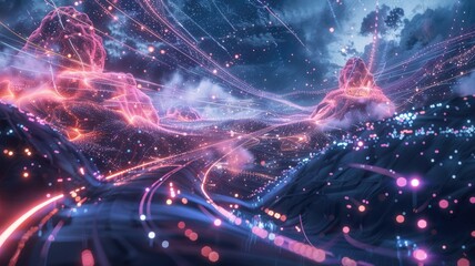 Obraz premium Abstract of nature view with colorful particle in hologram style represent combination of eco and technology, create futuristic visual with natural scenery perfect for design digital wallpaper. AIG53.