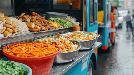 Fototapeta premium A vibrant street food truck displays various colorful dishes in metal bowls, inviting passersby with fresh and tasty offerings.