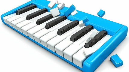 Blue keyboard keys crumbling; isolated white background; music concept; website design