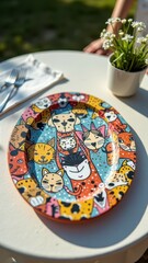 Fototapeta premium Colorful cartoon cat plate on outdoor table with fork and knife