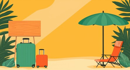 Colorful Beach Scene with Luggage and Sun Lounger for Vacation Mood