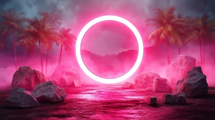 Peel and stick wall murals A high-quality representation of a fantastical landscape that includes a neon sign with a retro design is displayed