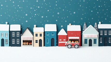 Fototapeta premium A row of colorful, snow-covered houses and shops with a red truck on a snowy street under falling snowflakes.