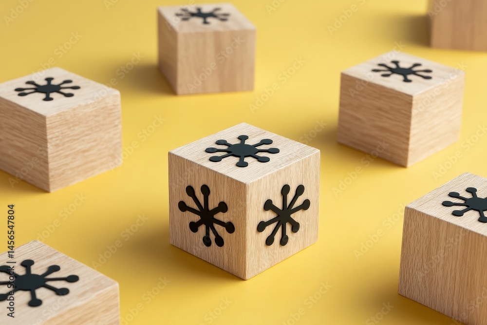 Poster wooden cubes with computer icons, connected to one another on a network, symbolize the concept of co